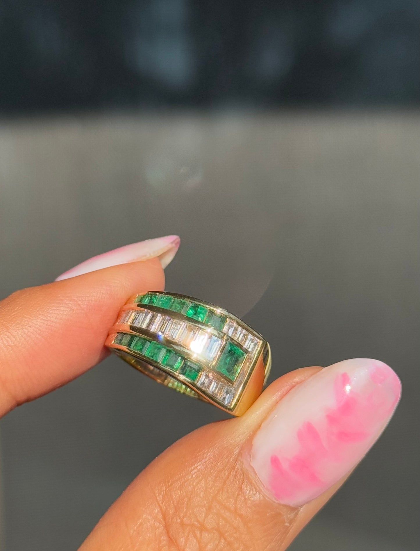 18k Wide Emerald and diamonds ring