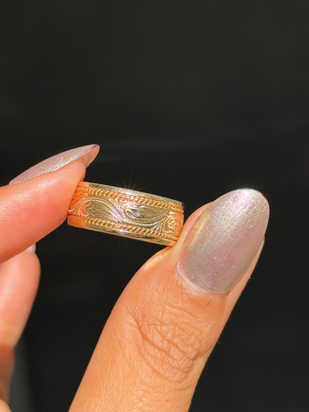 14k vintage hand engraved wide band
