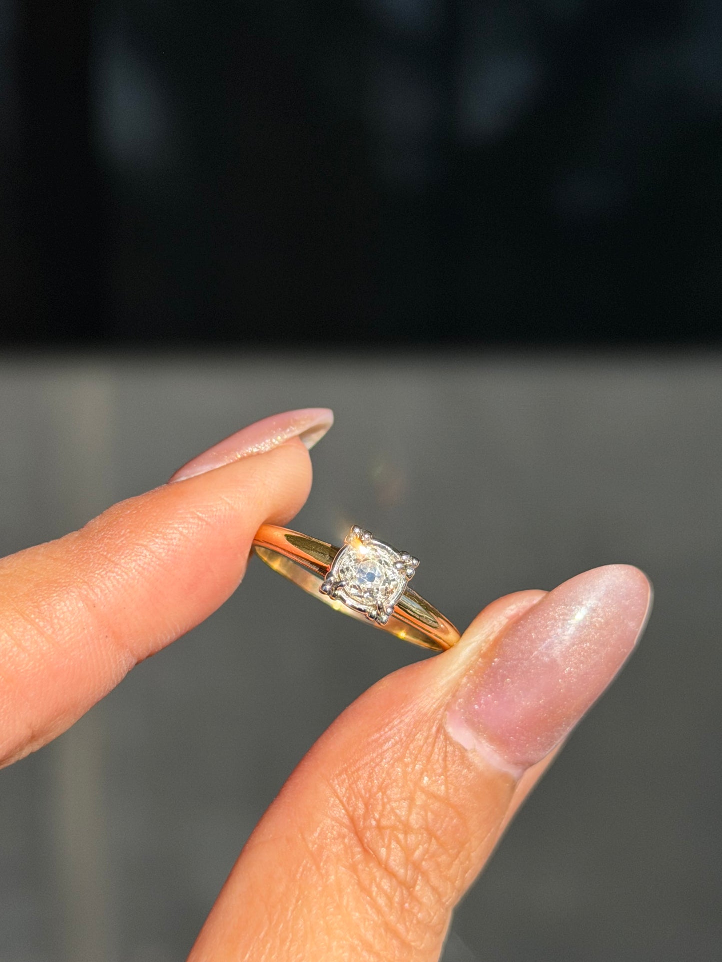 14k old mine cut diamond solitaire ring