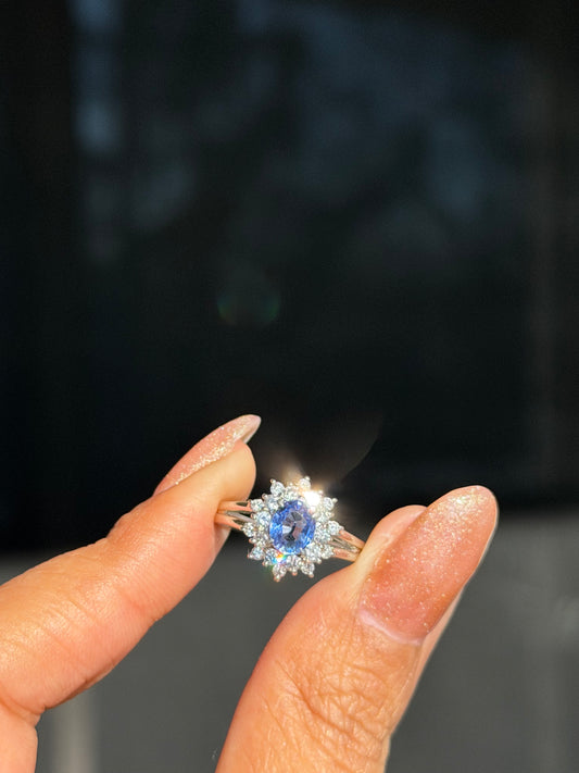 Platinum cornflower blue sapphire and
diamond solitaire