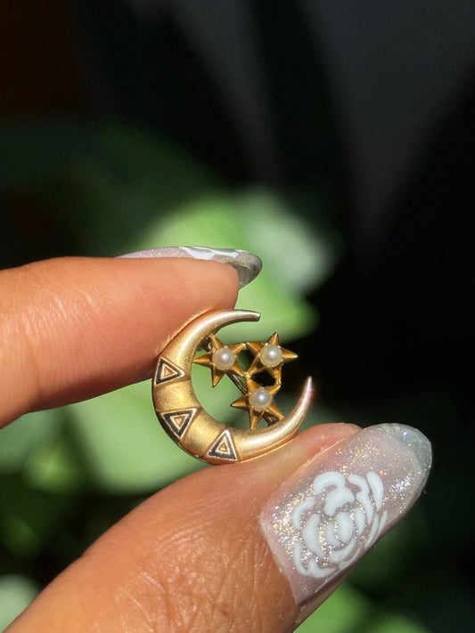 Old Vintage 14k yellow gold Crescent Moon brooch with 3 stars ⭐️