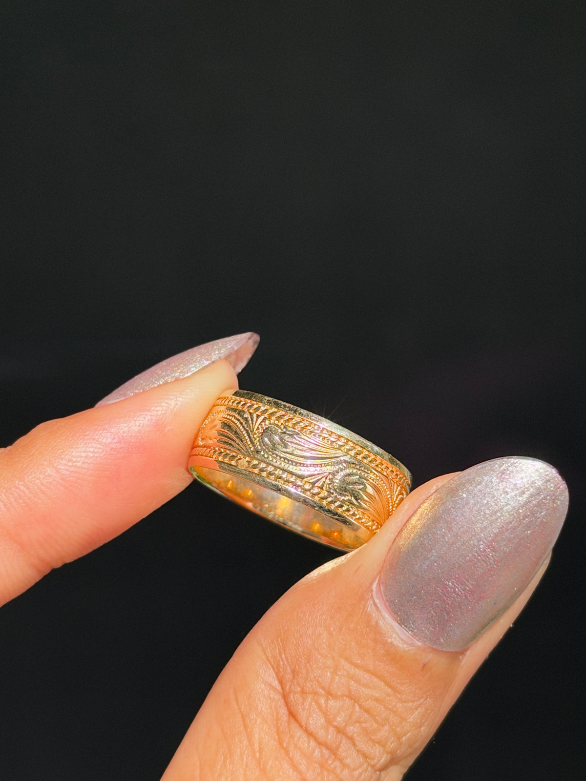 14k vintage hand engraved wide band