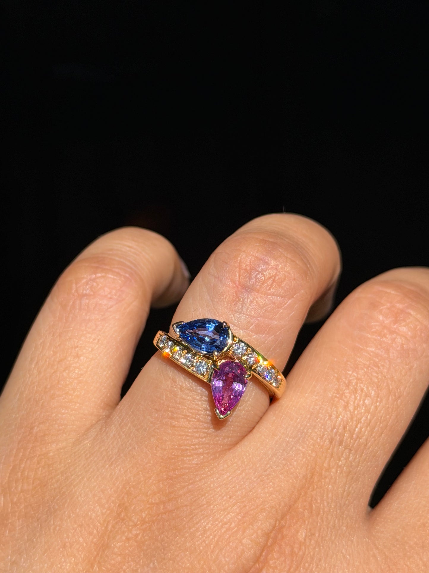 For Brianna 18k toi et moi pink and blue sapphire ring