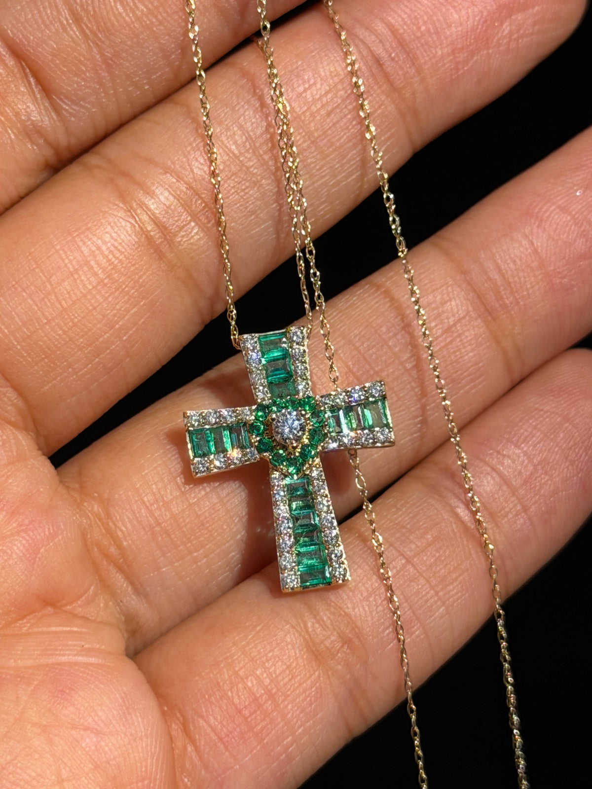 14k emerald and diamond cross charm on chain