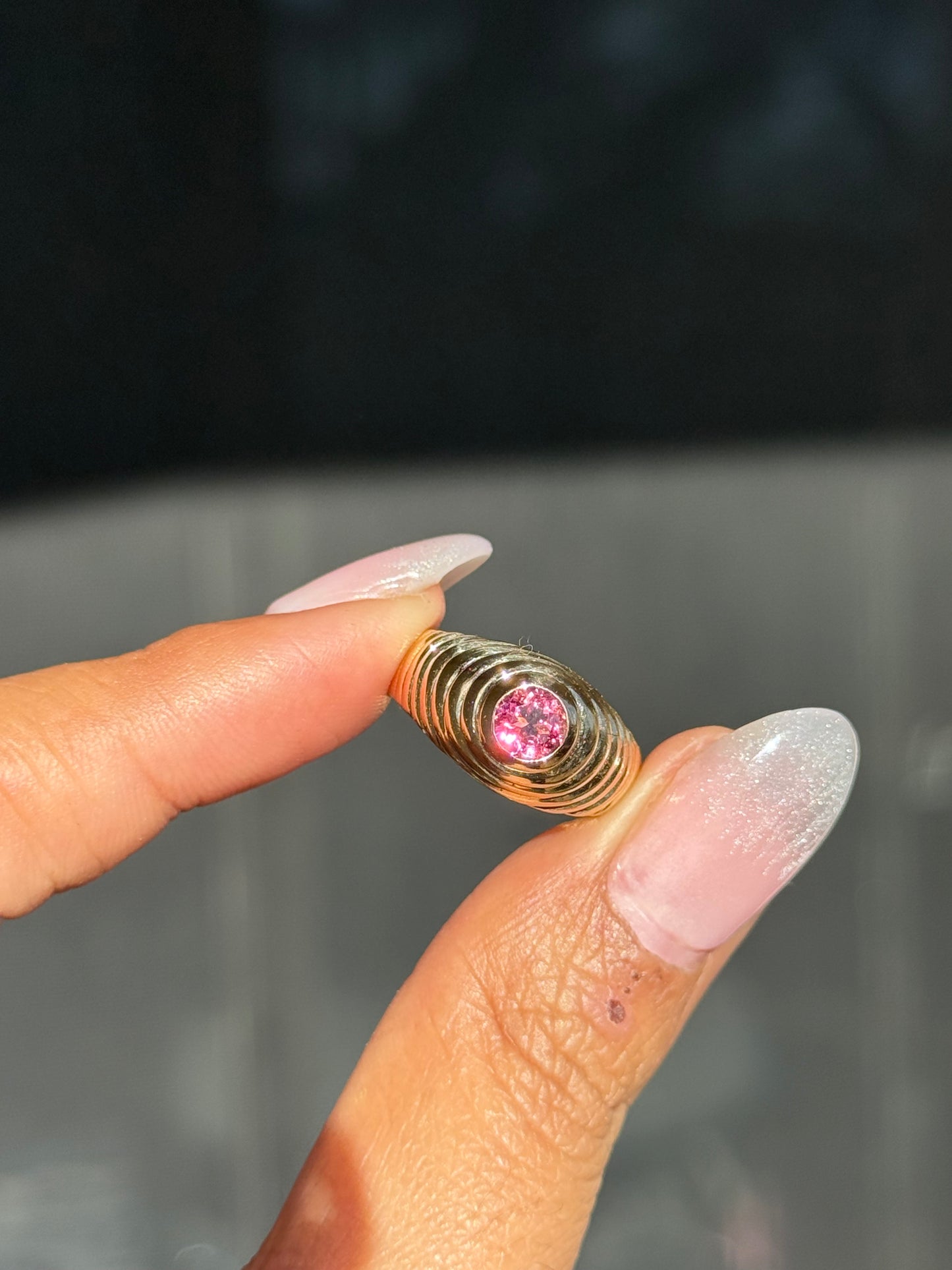 14k vintage ribbed pink tourmaline ring