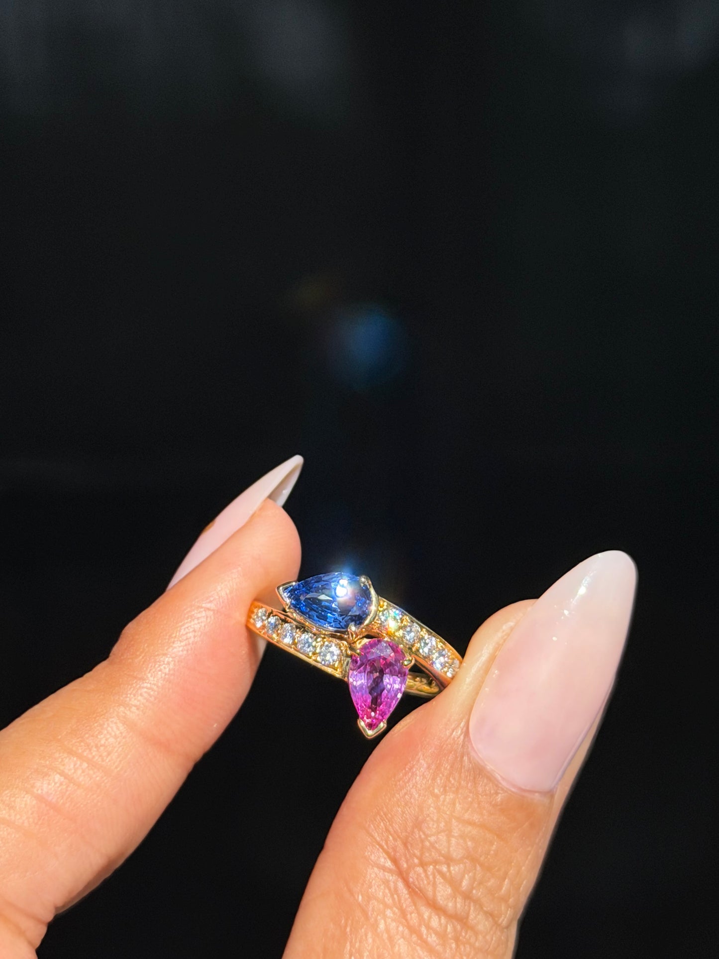 For Brianna 18k toi et moi pink and blue sapphire ring