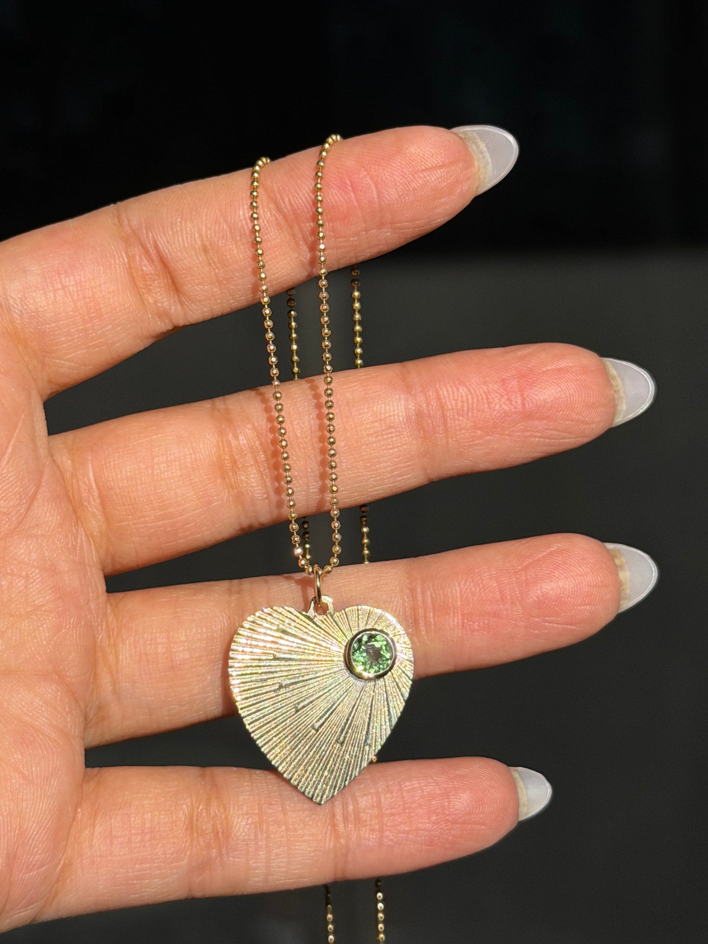 14k Fluted Green Tourmaline heart charm